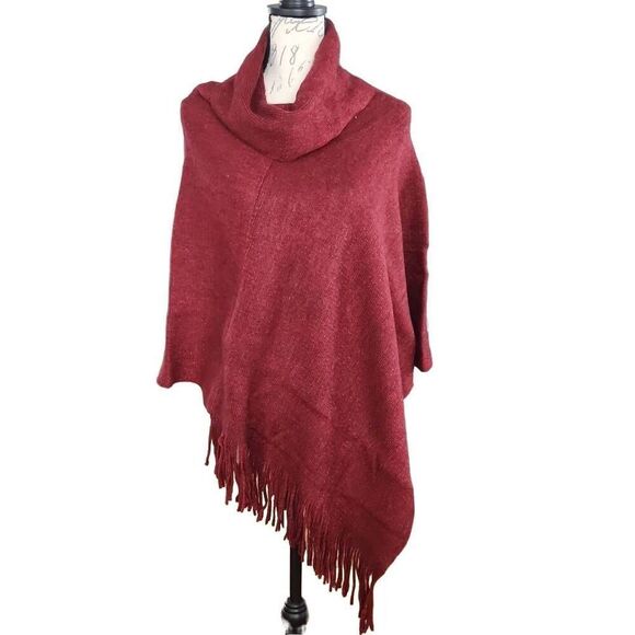 Chico's Women's One Size Red Wild Poppy Cowl Neck Fringe Poncho - Picture 1 of 6